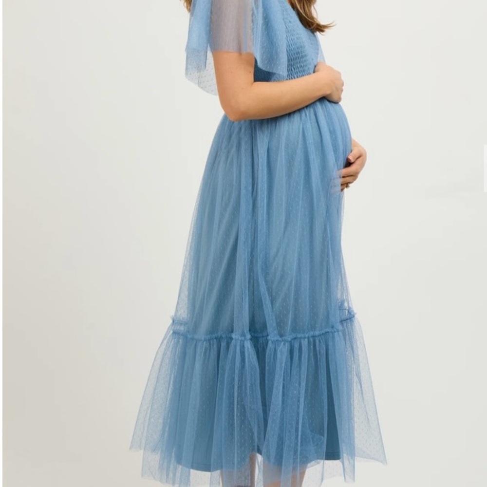 🔴BLUE DOTTED TULLE SMOCKED MATERNITY🔴 - Picture 3 of 12
